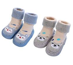 2 Paar Weiche Baby Hausschuhe Winter Socken Kleinkind Mädchen Hausschuhe Baumwolle Neugeborene Jungen Warme Lauflernschuhe Weiche Sohle rutschfest Krabbelschuhe, Blau Grau, Größe 18-24 Monate von Gavena