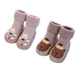 2 Paar Weiche Baby Hausschuhe Winter Socken Kleinkind Mädchen Hausschuhe Baumwolle Neugeborene Kinder Warme Lauflernschuhe Weiche Sohle Rutschfest, HellPink Braun, Größe 18-24 Monate von Gavena