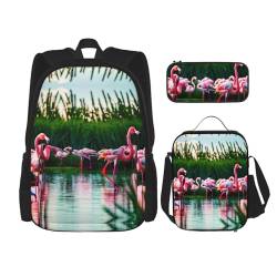 GaxfjRu Bedrucktes 3-teiliges Rucksack-Set, große Schultasche mit Lunchbox und Federmäppchen, praktisch, Rucksack-Lunchbox, Bunte und fabelhafte Flamingos, One Size, Rucksack, Rucksäcke von GaxfjRu