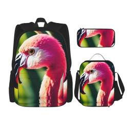 GaxfjRu Bedrucktes 3-teiliges Rucksack-Set, große Schultasche mit Lunchbox und Federmäppchen, praktisch, Rucksack-Lunchbox, Tropische Flamingos und Ananas, One Size, Rucksack, Rucksäcke von GaxfjRu