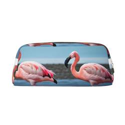 GaxfjRu Federmäppchen aus Leder, Motiv: Flamingos am Strand, niedliches Federmäppchen, kleines Federmäppchen, schöne Schreibwaren-Tasche, tragbare Kosmetiktasche, Reißverschlusstasche von GaxfjRu