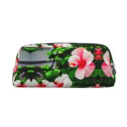 GaxfjRu Hibiskusblumen-Leder-Federmäppchen, niedliches Stifteetui, kleines Federmäppchen, schöne Schreibwaren-Tasche, tragbare Kosmetiktasche, Reißverschlusstasche von GaxfjRu