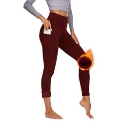 Gayhay Thermo Sport Leggings Damen mit Taschen Gefütterte Winter Sporthose Lang Warme Innenfleece High Waist Laufhose Thermounterwäsche Dicke Outdoor Activewear Rot S-M von Gayhay