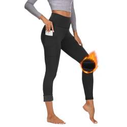 Gayhay Thermo Sport Leggings Damen mit Taschen Gefütterte Winter Sporthose Lang Warme Innenfleece High Waist Laufhose Thermounterwäsche Dicke Outdoor Activewear Schwarze L-XL von Gayhay