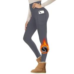 Thermo Sport Leggings Damen mit Taschen Gefütterte Winter Sporthose Lang Warme Innenfleece High Waist Laufhose Thermounterwäsche Dicke Outdoor Activewear Grau L-XL von Gayhay