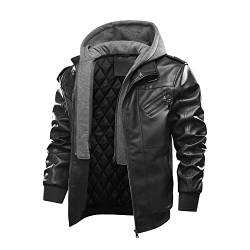 Gcufoyae Herren PU Lederjacke Dicker Mantel Langer Reißverschluss Manschetten Abnehmbare Kapuze Jacke Casual Motorrad Winter Warmer Mantel von Gcufoyae