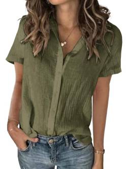 GeGekoko Bluse Damen Sommer Baumwolle Leinenhemd Kurzarm Oberteile V-Ausschnitt Knopf Blusen Elegant Shirts Tops.Armee-Grün.L von GeGekoko