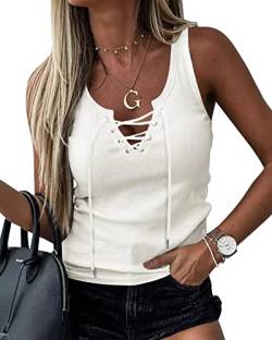 GeGekoko Damen Sexy V-Ausschnitt Tank Shirts Top Ärmellos Casual Basic Rippstrick Tops Mit Kordelzug Weiß L von GeGekoko