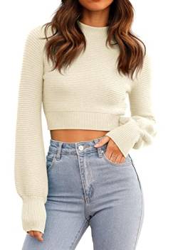 GeGekoko Damen Strickpullover Kurz Sexy Cropped Pullover mit Rundhalsausschnitt Herbst Winter Warmer Langarm Sweatshirt Elegant Kurzer Strickpulli für Frauen von GeGekoko