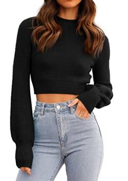 GeGekoko Damen Strickpullover Kurz Sexy Cropped Pullover mit Rundhalsausschnitt Herbst Winter Warmer Langarm Sweatshirt Elegant Kurzer Strickpulli für Frauen von GeGekoko