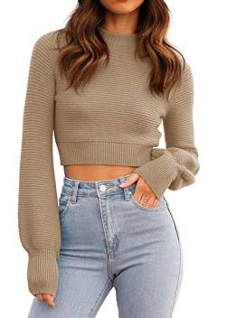 GeGekoko Damen Strickpullover Kurz Sexy Cropped Pullover mit Rundhalsausschnitt Herbst Winter Warmer Langarm Sweatshirt Elegant Kurzer Strickpulli für Frauen von GeGekoko