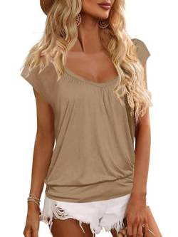 GeGekoko Damen T-Shirt V-Ausschnitt Kurzarm Oberteil Lose Banded Bottom Shirt Sommer Plissee Tops (Khaki, XL) von GeGekoko