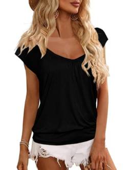 GeGekoko Damen T-Shirt V-Ausschnitt Kurzarm Oberteil Lose Banded Bottom Shirt Sommer Plissee Tops (Schwarz, M) von GeGekoko