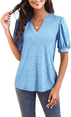 GeGekoko Damen T Shirts Kurzarm Mit V-Ausschnitt Casual Puff Sleeve Oberteile Locker Blusen Sommer Basic Tops Blau L von GeGekoko