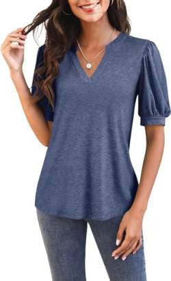 GeGekoko Damen T Shirts Kurzarm Mit V-Ausschnitt Casual Puff Sleeve Oberteile Locker Blusen Sommer Basic Tops Kohlegrau M von GeGekoko