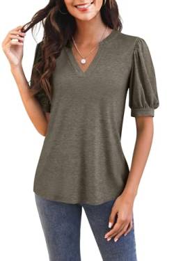 GeGekoko Damen T Shirts Kurzarm Mit V-Ausschnitt Casual Puff Sleeve Oberteile Locker Blusen Sommer Basic Tops Olivgrün S von GeGekoko