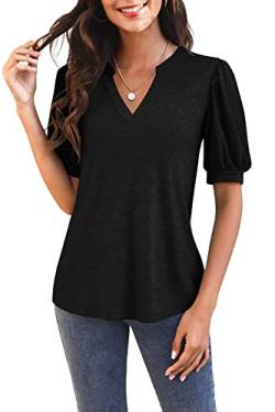 GeGekoko Damen T Shirts Kurzarm Mit V-Ausschnitt Casual Puff Sleeve Oberteile Locker Blusen Sommer Basic Tops Schwarz M von GeGekoko