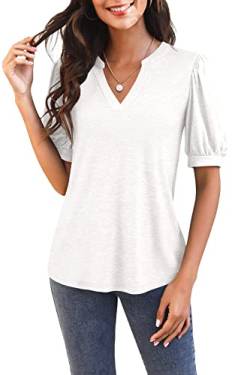 GeGekoko Damen T Shirts Kurzarm Mit V-Ausschnitt Casual Puff Sleeve Oberteile Locker Blusen Sommer Basic Tops Weiß M von GeGekoko