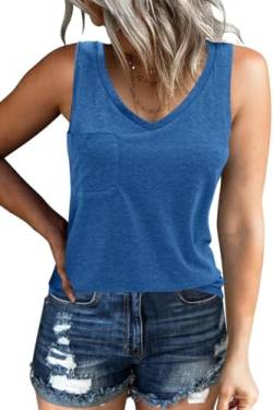 GeGekoko Damen Tank Top Ärmellos V-Ausschnitt Tops Raceback Sommer Oberteil mit Taschen (Dunkel Blau, M) von GeGekoko