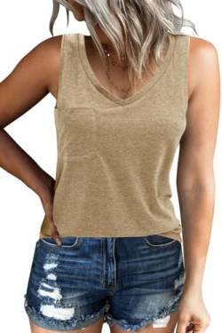 GeGekoko Damen Tank Top Ärmellos V-Ausschnitt Tops Raceback Sommer Oberteil mit Taschen (Khaki, S) von GeGekoko