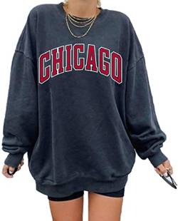 GeGekoko Damen übergroße Sweatshirt CHIGAGO Oversized Langarmshirt Rundhals Pullover Casual Oberteile Tops Chigago Navy Blau L von GeGekoko