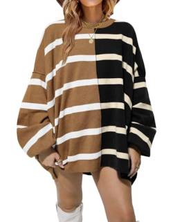 GeGekoko Oversize Pullover Damen Winter Striped Sweatshirts Rundhalsausschnitt Langarm gestrickt Farbe Block Casual Loose Elegant Pulli Sweatshirts für Frauen von GeGekoko