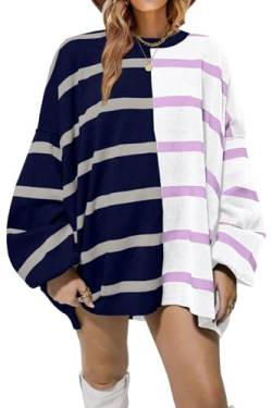 GeGekoko Oversize Pullover Damen Winter Striped Sweatshirts Rundhalsausschnitt Langarm gestrickt Farbe Block Casual Loose Elegant Pulli Sweatshirts für Frauen von GeGekoko