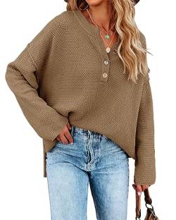 GeGekoko Strickpullover für Damen Langarmshirt V-Ausschnitt Tasten Neck Pullover Pulli Jumper Oversized Sweaters Tops von GeGekoko