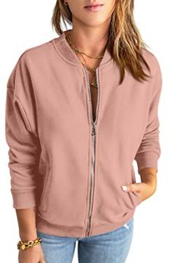 GeGekoko Zip Sweatshirt Damen übergroße Jacket Sweatshirt Einfarbige Loose Langarm Tops Oberteile mit Tasche von GeGekoko