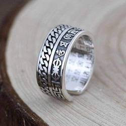 GeRRiT Ringschmuck S925 Sterling Silber Ring Weiblicher Ring Gelenkring Thai Silber Retro Sechs Zeichen Mantra Schrift Hanf Muster Verstellbarer Spaltringsechs-Wörter-Mantra, Sechs-wörter-mantra, von GeRRiT