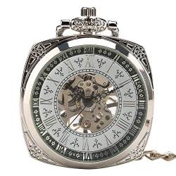 Taschenuhr, Edelstahl, quadratisch, offenes Gesicht, geschnitztes Muster, Steampunk-Taschenuhr, Geschenk für Männer, Taschenuhrkette von GeRRiT