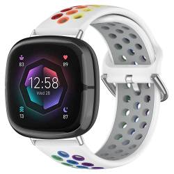 Geageaus Regenbogen Sportarmband Kompatibel mit Fitbit Versa 3/Versa 4/Sense/Sense 2,Atmungsaktives Silikon-Uhrenarmband Schweißfestes für Versa 3/Versa 4Fitbit Sense/Sense 2(Weiß/Regenbogen) von Geageaus