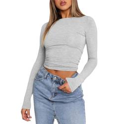 Damen Basic Langarmshirt Eng Rundhalsausschnitt Langarm Oberteil Teenager Mädchen Y2K Crop Top (A 01- Grau, M) von Geagodelia