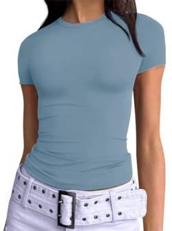 Damen Basic T-Shirt Stretch Eng Kurzarm Rundhalsausschnitt Sommer Oberteil Slim Fit Y2K Top (Blaugrau, S) von Geagodelia