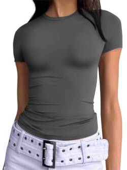 Damen Basic T-Shirt Stretch Eng Kurzarm Rundhalsausschnitt Sommer Oberteil Slim Fit Y2K Top (Dunkelgrau, S) von Geagodelia