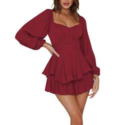 Damen Schulterfrei Minikleid mit integrierter Shorts drunter Langarm/Kurzarm Rüschen A Linie Piratenkostüm Kleid 2 in 1 Kurz Sommer Boho Kleid Strandkleid (102001#Burgundy, M) von Geagodelia