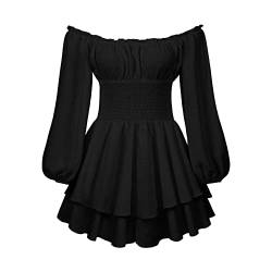 Damen Schulterfrei Minikleid mit integrierter Shorts drunter Langarm/Kurzarm Rüschen A Linie Piratenkostüm Kleid 2 in 1 Kurz Sommer Boho Kleid Strandkleid (102002#Schwarz, L) von Geagodelia