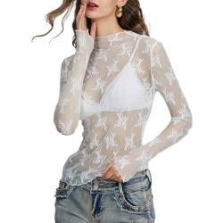 Damen Sheer Mesh Langarmshirt Spitzen Blumenmuster Stehkragen Durchsichtige Langarm Oberteil Enge Unterziehshirt Layering Tops Shirts Bluse (Weiß, XL) von Geagodelia