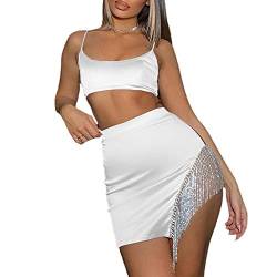 Geagodelia 2 Stück Damen Set Sexy Rückenfreies Top + Kurzer Rock Seite Quaste Hohe Taille Disco Bar Kleid,weiß,S von Geagodelia