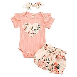 Geagodelia 3tlg Baby Kleidung Outfit Mädchen Babykleidung Set Kurzarm Body Strampler + Blumen Shorts + Stirnband Neugeborene Weiche Sommer Babyset (Pink - Herz, 0-3 Monate) von Geagodelia