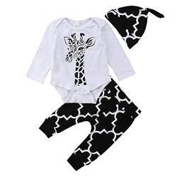 Geagodelia 3tlg Babykleidung Set Baby Jungen Kleidung Outfit Body Strampler + Hose + Mütze Neugeborene Kleinkinder Weiche Babyset Tier (0-3 Monate, Giraffe (Weiß & Schwarz 167 - Langarm)) von Geagodelia