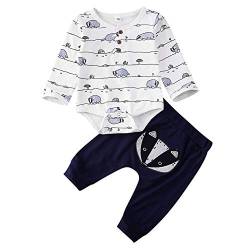 Geagodelia 3tlg Babykleidung Set Baby Jungen Kleidung Outfit Body Strampler + Hose + Mütze Neugeborene Kleinkinder Weiche Babyset Tier (12-18 Monate, Waschbär (Weiß & Blau - Langarm)) von Geagodelia