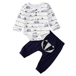 Geagodelia 3tlg Babykleidung Set Baby Jungen Kleidung Outfit Body Strampler + Hose + Mütze Neugeborene Kleinkinder Weiche Babyset Tier (3-6 Monate, Waschbär (Weiß & Blau - Langarm)) von Geagodelia