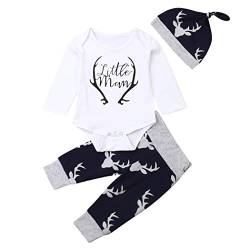 Geagodelia 3tlg Babykleidung Set Baby Jungen Langarm Body + Hose + Mütze Kleinkinder Neugeborene Weiche Warme Baumwolle Babyset Bekleidung (0-3 Monate, Little Man (Weiß + Blau-Elk)) von Geagodelia