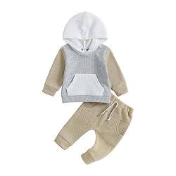 Geagodelia Baby Jungen Kleidung Outfit Babykleidung Set Langarm Kapuzenpullover Top + Hose Neugeborene Weiche Babyset Zweiteiler Patchwork (B - Khaki & Grau, 18-24 Monate) von Geagodelia