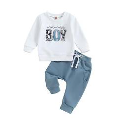 Geagodelia Baby Jungen Kleidung Outfit Babykleidung Set Langarmshirt Sweatshirt + Hose Neugeborene Weiche Babyset Mama's Boy Zweiteiler (A - Weiß & Blau, 12-18 Monate) von Geagodelia