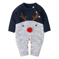 Geagodelia Baby Jungen Mädchen Gestrickter Strampler Weihnachten Babykleidung Schlafstrampler Neugeborene Kleinkinder Weiche Kleidung Weihnachtsoutfit (6-12 Monate, Blau & Grau - Elch) von Geagodelia