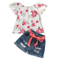 Geagodelia Baby Kinder Kleidung Outfit Mädchen Kinderkleidung Babykleidung Set Bluse Top T-Shirt + Jeans Shorts Kleinkinder Weiche Sommer Babyset (Rot 04, 3-4 Jahre) von Geagodelia