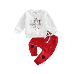 Geagodelia Baby Kleidung Set Junge Langarm Sweatshirt Pullover Oberteil + Hose Neugeborenes Mein erster Valentinstag Baby Outfit für Frühling Winter (My First Valentine's Day Weiß, 12-18 Monate) von Geagodelia