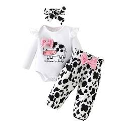 Geagodelia Baby Mädchen Kleidung Outfit Babykleidung Set Langarm Body Strampler + Leopard Hose + Stirnband Neugeborene Weiche Babyset Zweiteiler Kuh (Weiß, 0-3 Monate) von Geagodelia